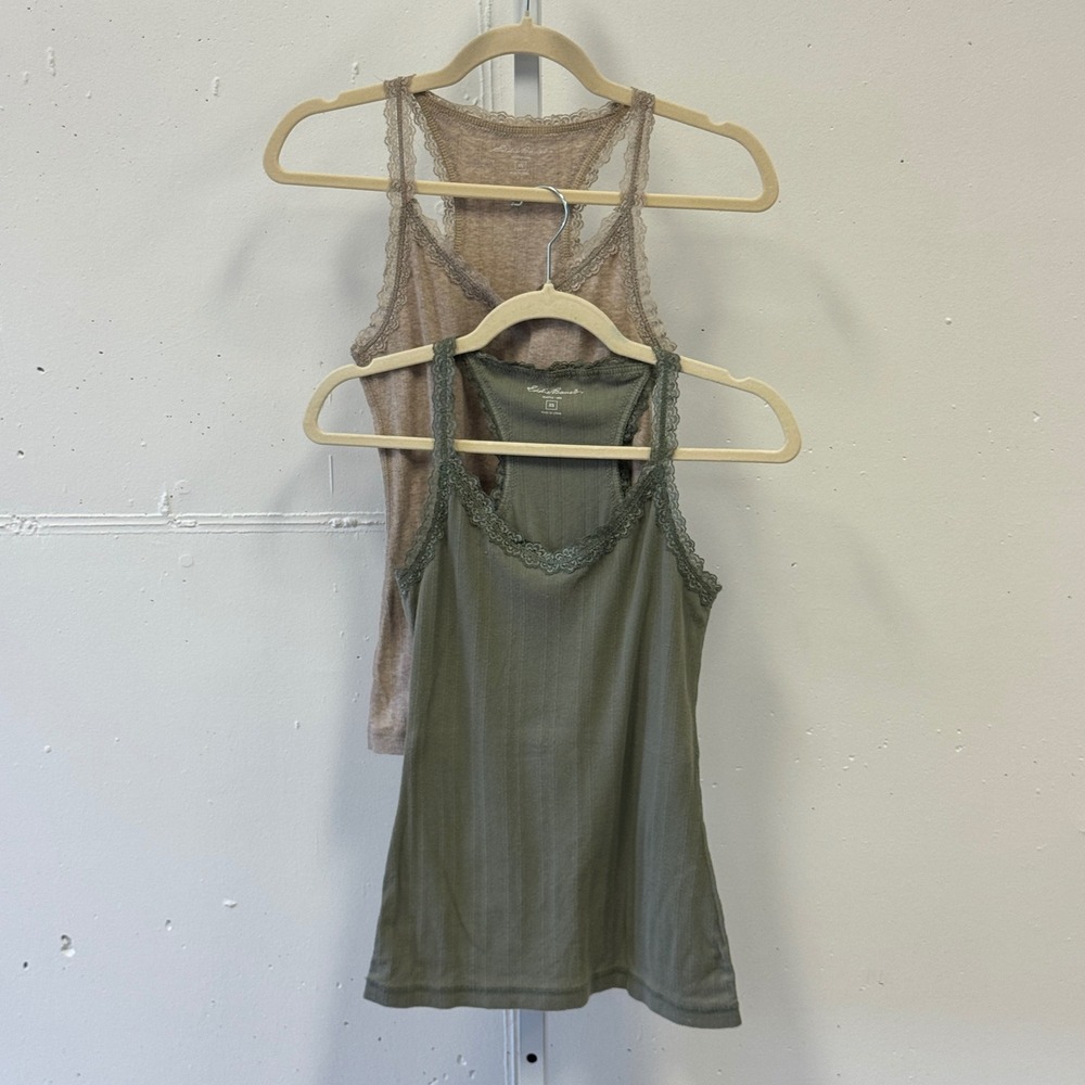 Bundle Eddie Bauer Lace Trim Ribbed Racerback Tank Tops 2 Pack Green Beige XS